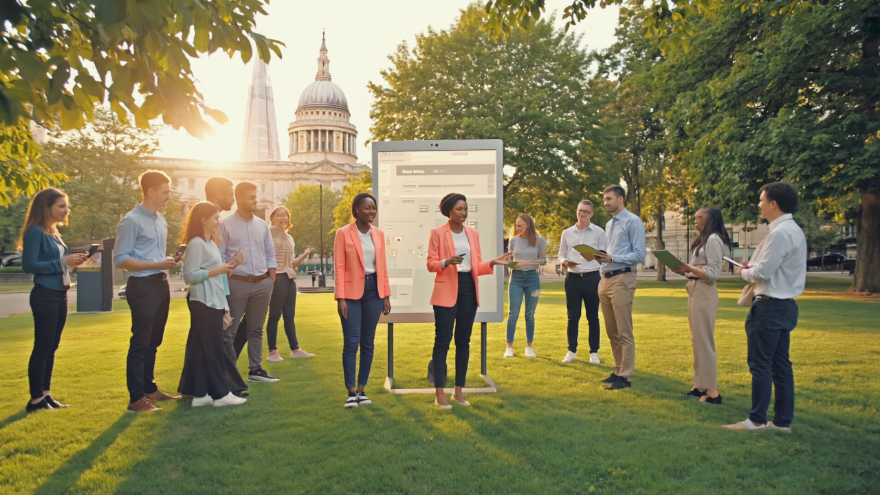 Creative team collaborating on content marketing strategy with digital tools in London office