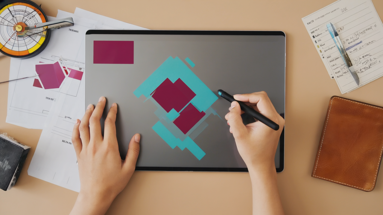 A designer working on a laptop surrounded by graphic tools and colourful sketches on a desk