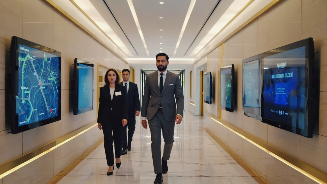 A vibrant school corridor featuring dynamic digital signage guiding students and staff