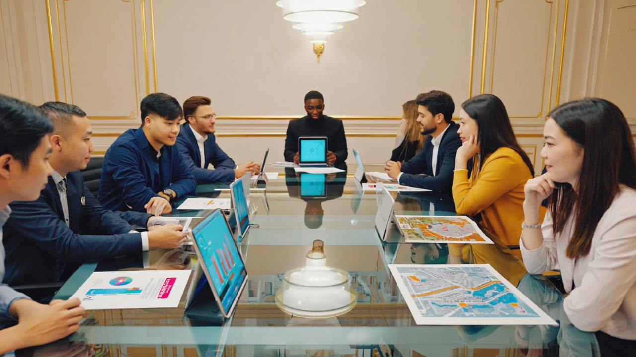 A cheerful small business owner setting up their Shopify store on a laptop with a London cityscape in the background