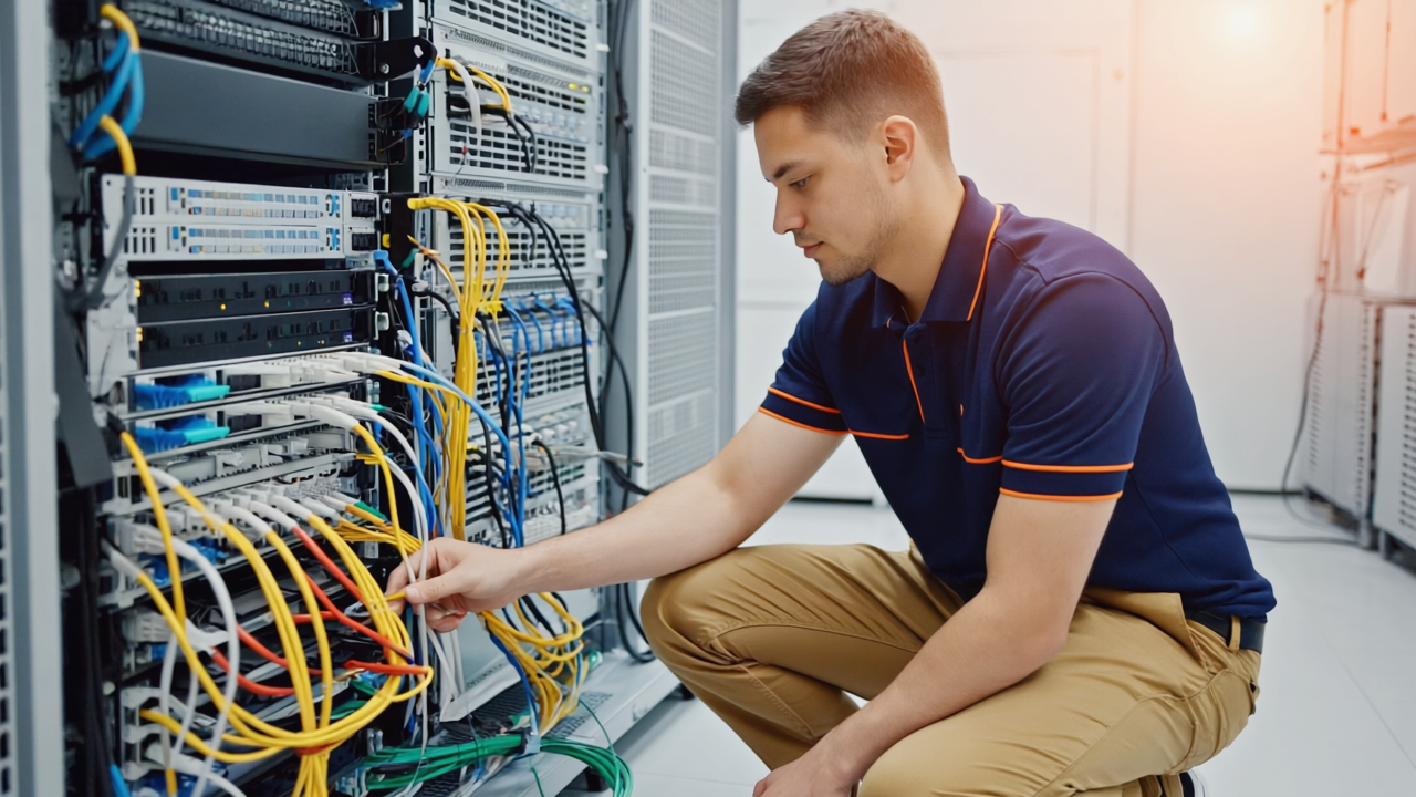 A vibrant classroom filled with students using laptops seamlessly connected to strong Wi-Fi