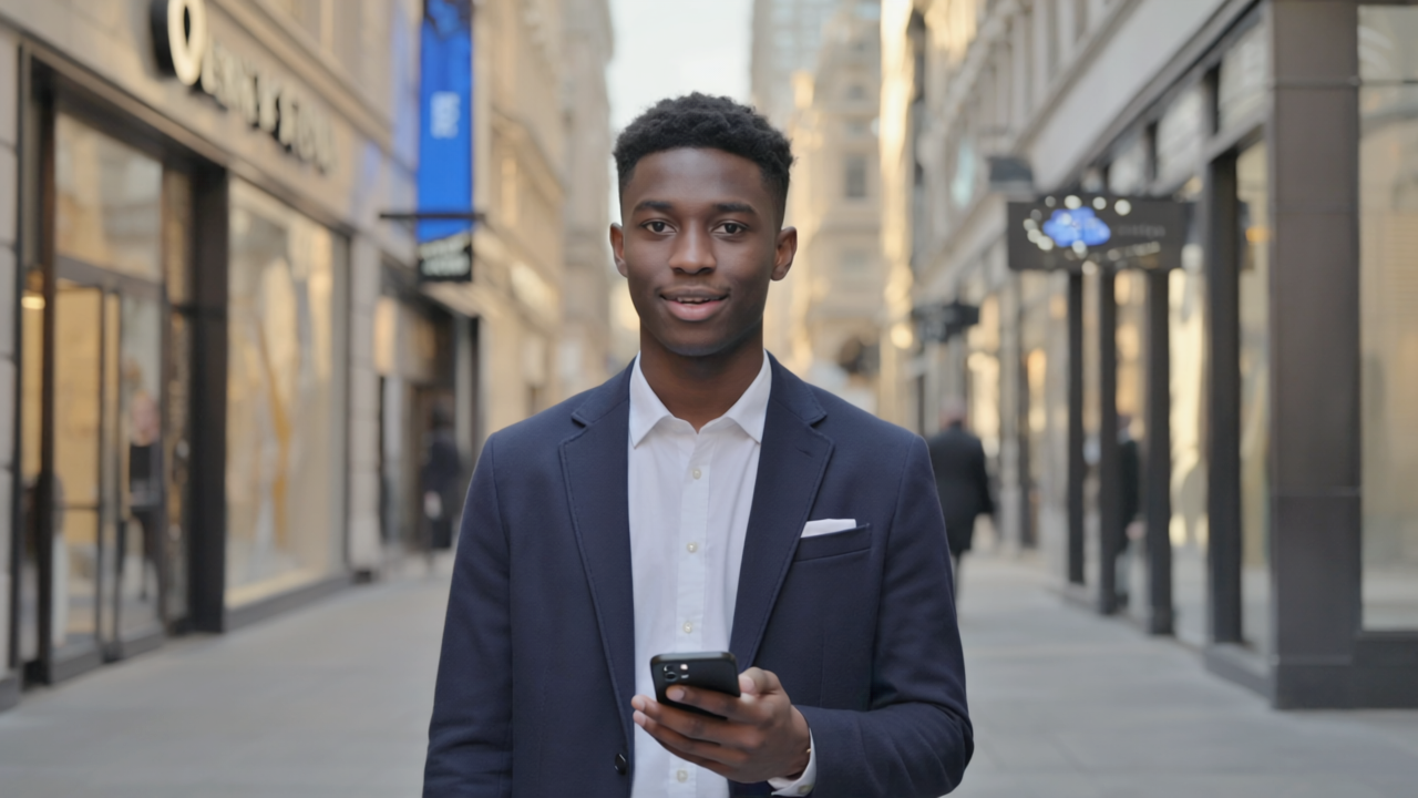Person using voice search on a smartphone in a UK city street.