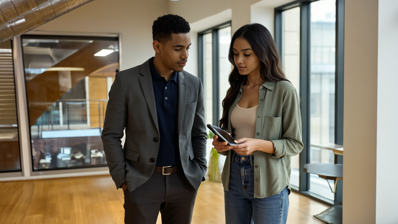 Happy remote team chatting on laptops and phones using VoIP   as if they are working closely together.
