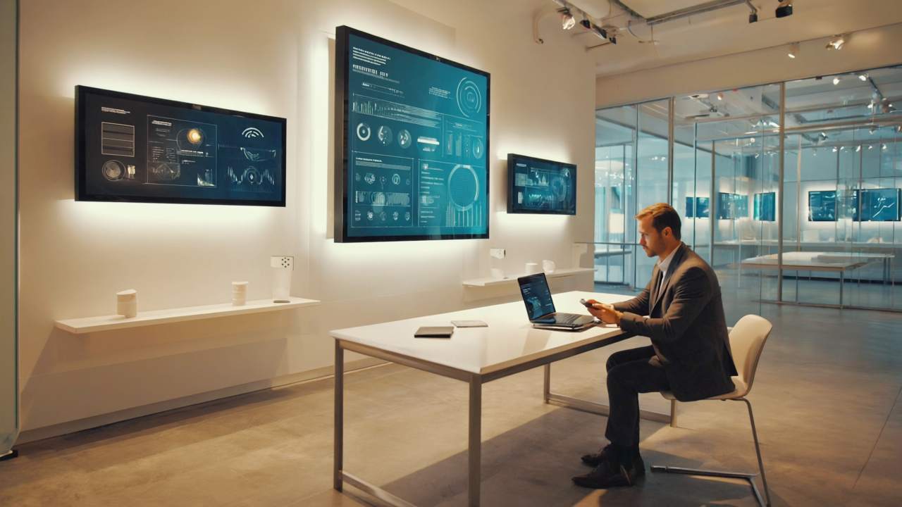 A futuristic digital signage display in a busy London shopping street