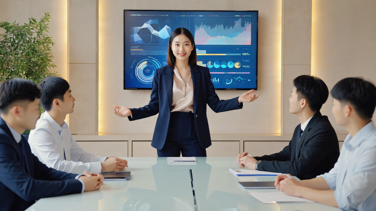 Illustration of futuristic office setting with hybrid working employees and technology integration