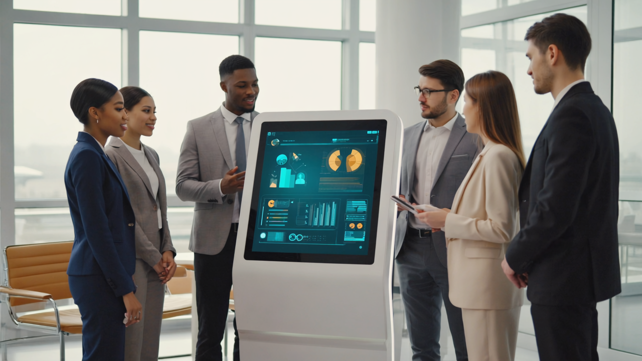 Digital signage display in a busy UK retail store with customers engaging attentively