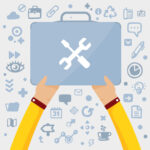 Bright vector illustration two male hands holding the designer’s Toolbox