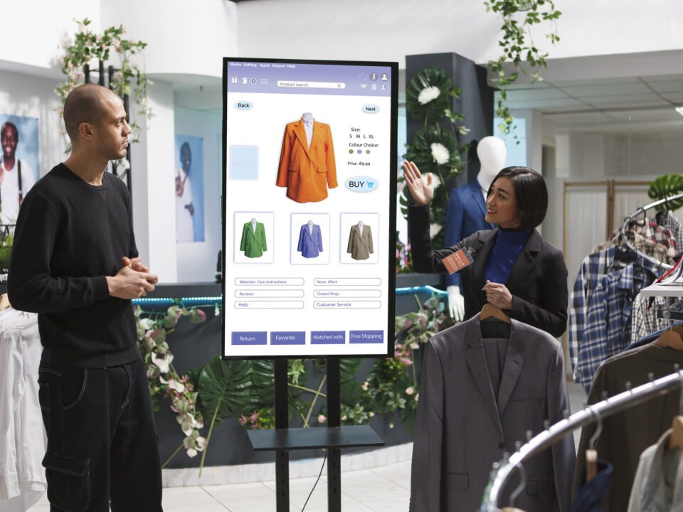 A woman guiding a male customer on digital signage displays