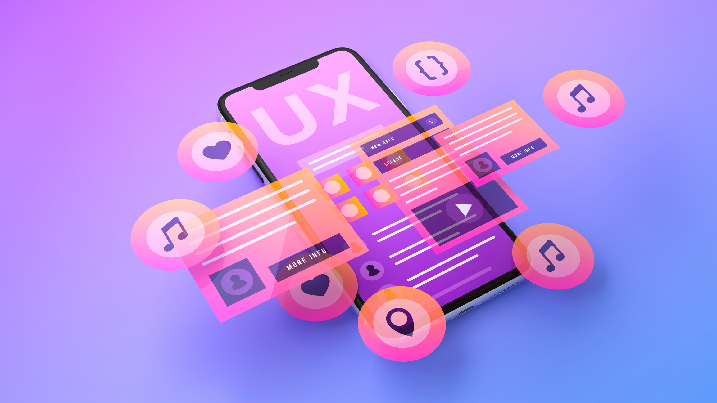 User Experience in Focus: Smartphone with UX Design Elements Floating Above the Screen. 3D Rendering.