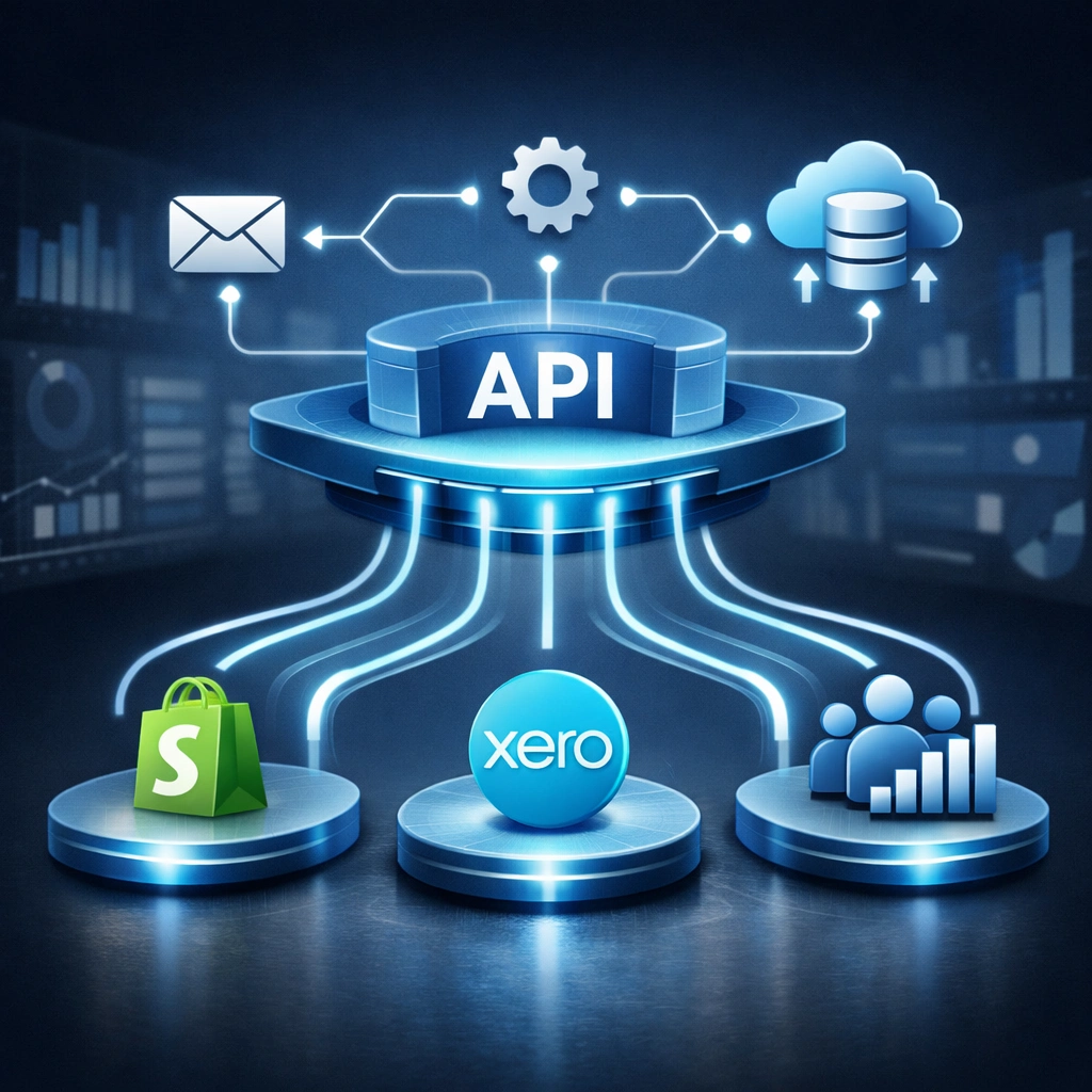 API bridge for Shopify/Xero/CRMs, webhook pipelines