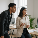 Sara and Zak discussing AI ecommerce photography strategy for a UK brand inside a professional workspace.