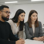 Three ecommerce professionals collaborate in a UK product photography studio, discussing AI-enhanced visuals for an online shop.