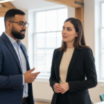 UK business professionals collaborating during a practical AI staff training discussion inside a real office setting.