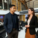 Two casually, professionally dressed colleagues in a modern UK office having an engaged, thoughtful conversation expressing subtle positive body language and attentiveness for a blog on AI and automation in web development UK trends.
