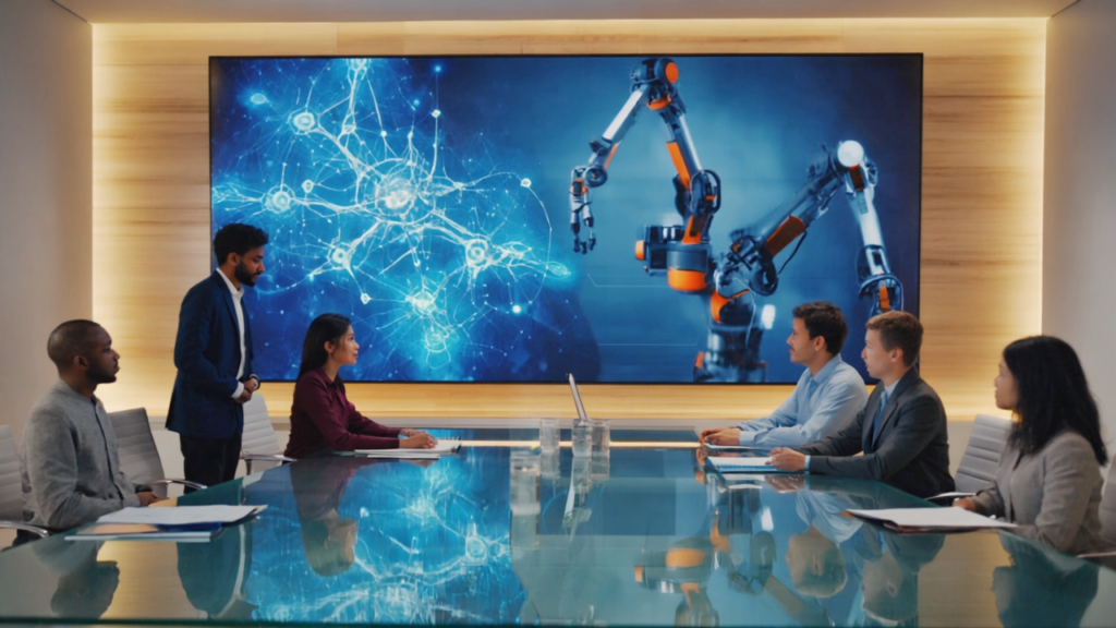 Diverse UK office team discussing AI and automation technology with a digital screen displaying neural networks and robotic automation in a sleek professional environment.