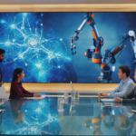 Diverse UK office team discussing AI and automation technology with a digital screen displaying neural networks and robotic automation in a sleek professional environment.