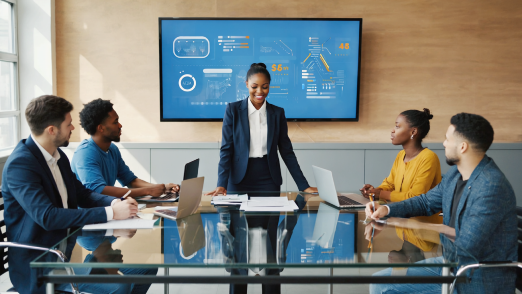 Creative professionals in a modern Manchester office collaborating over adaptive brand identity and AI design strategies, with digital devices showing vibrant brand visuals.