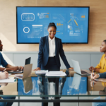 Creative professionals in a modern Manchester office collaborating over adaptive brand identity and AI design strategies, with digital devices showing vibrant brand visuals.