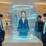 Modern Birmingham retail store showcasing young professionals interacting with an AI influencer avatar on a large screen displaying live social media engagement analytics, symbolizing AI influencer marketing in 2026.