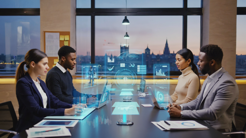 Creative professionals in a modern London office collaboratively planning an AI-powered content marketing strategy for 2026, with city skyline visible through the windows.