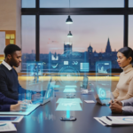 Creative professionals in a modern London office collaboratively planning an AI-powered content marketing strategy for 2026, with city skyline visible through the windows.
