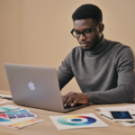 British graphic designer working at a desk with laptop and colourful design prints, surrounded by Pantone swatches and a smartphone showing a website, inside a softly lit studio with a beige and golden background.