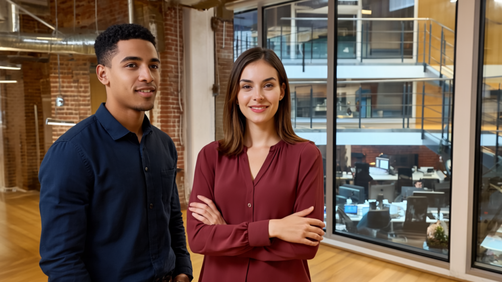 Two small business professionals, Jessica and Zak, in a modern London office discussing strategies, smiling and engaging naturally.