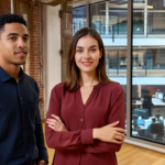 Two small business professionals, Jessica and Zak, in a modern London office discussing strategies, smiling and engaging naturally.