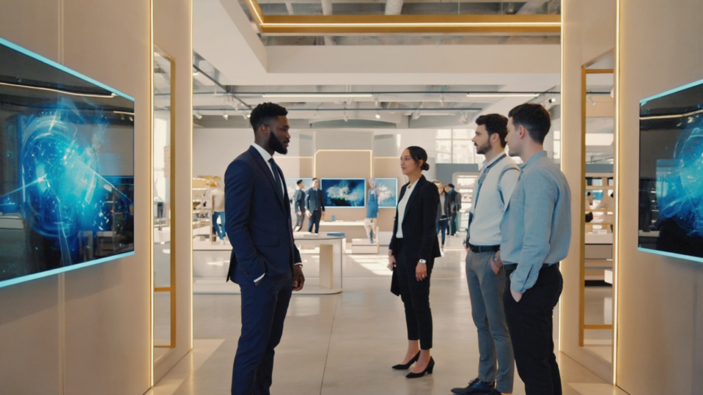 Professional UK retail setting showing modern, energy-efficient sustainable digital signage with business professionals reviewing the displays against a light beige background with golden gradient edges.