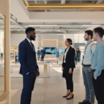 Professional UK retail setting showing modern, energy-efficient sustainable digital signage with business professionals reviewing the displays against a light beige background with golden gradient edges.