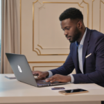 A focused business owner setting up a Shopify store on a laptop with London skyline visible through the office window, symbolizing building an ecommerce store for London in 2026.