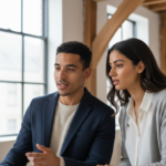 Zak and Sara collaborating indoors in a UK business setting, mid-discussion during real work.