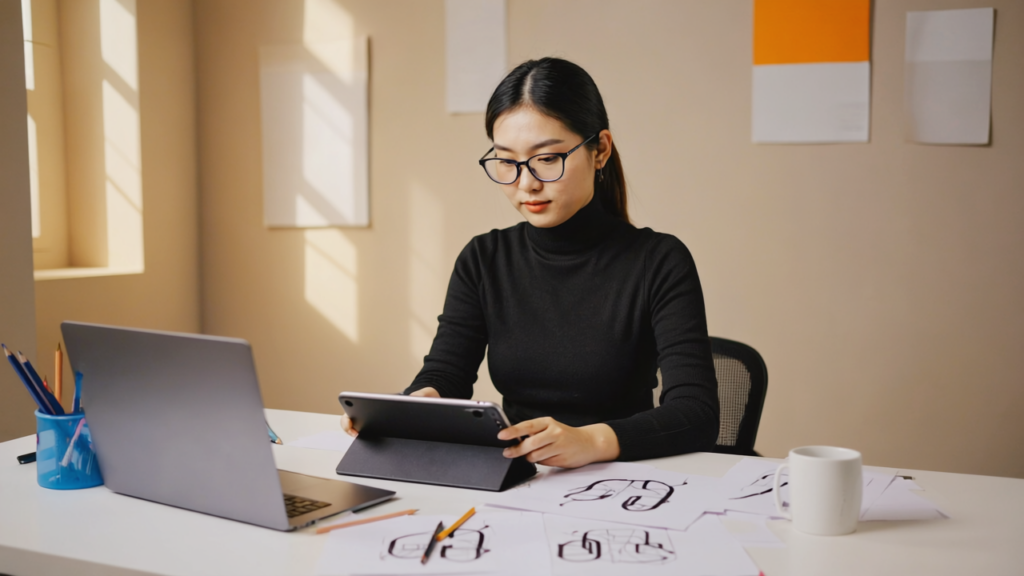 A UK graphic designer in a modern studio working on simplifying a cluttered logo on a tablet, surrounded by creative tools and a warm beige gradient background.