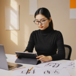 A UK graphic designer in a modern studio working on simplifying a cluttered logo on a tablet, surrounded by creative tools and a warm beige gradient background.