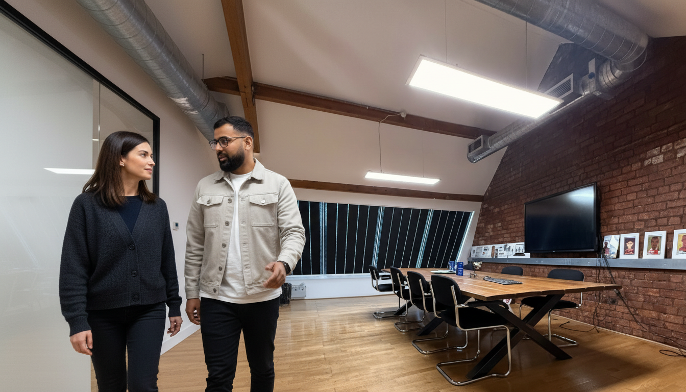 Laptop showing digital marketing dashboards, charts, and social media icons on a desk