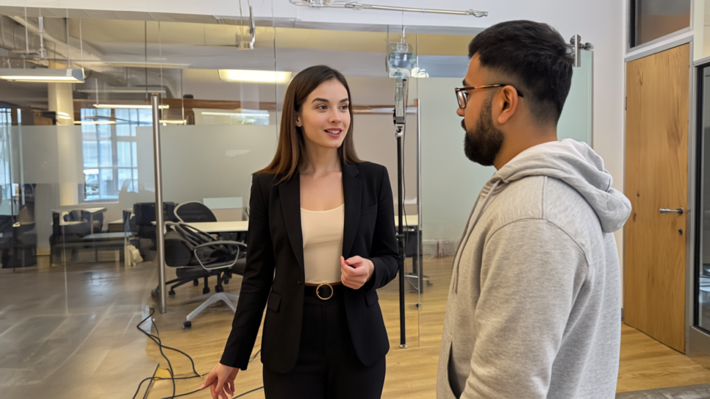 Jessica and Omar engaged in a thoughtful and confident discussion about digital strategy fundamentals in a professional UK office environment.