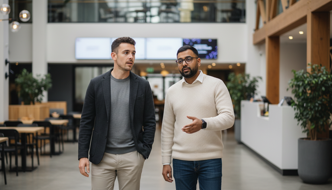 Digital signage screens displaying promotional content inside a modern UK retail store