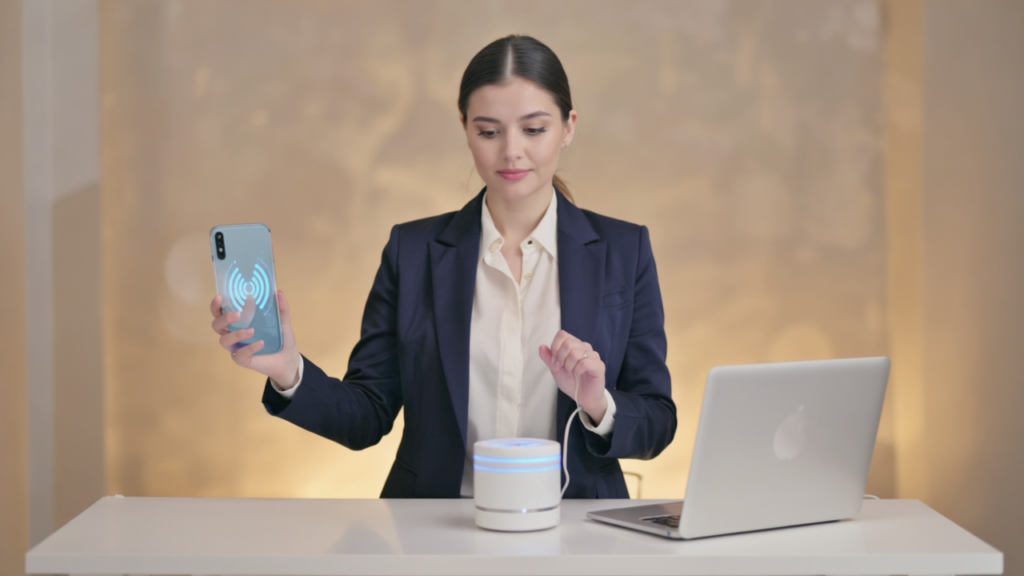 A confident UK businesswoman using a smartphone and a virtual assistant device in a modern office, symbolizing voice search optimization for 2026 UK businesses.