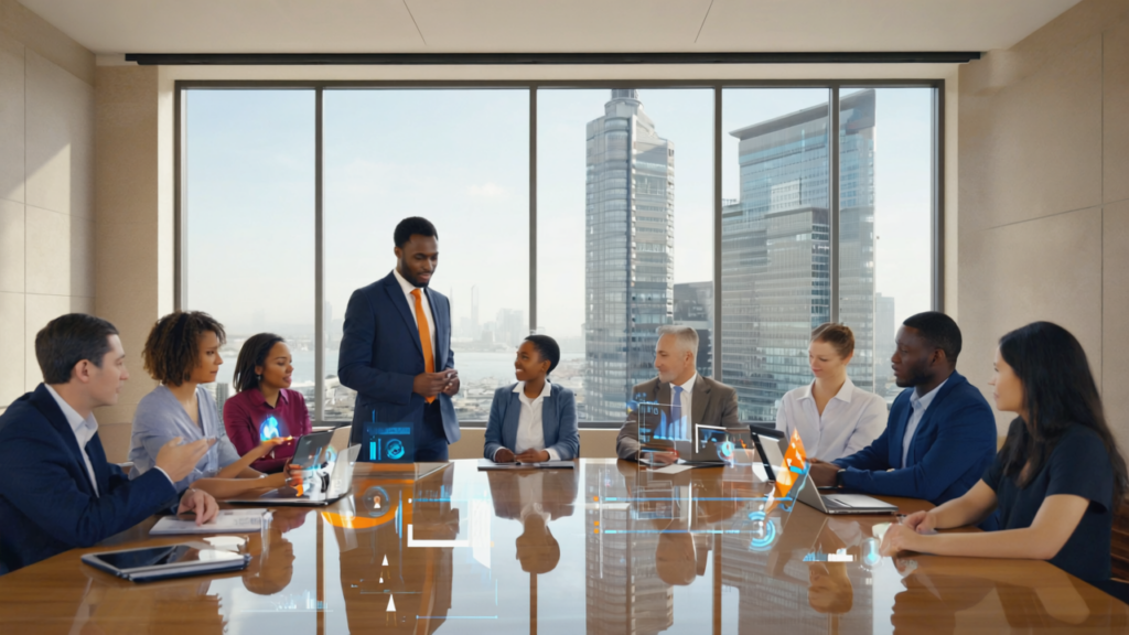 Manchester small business team using AI automation tools collaboratively in a modern office with the city skyline visible through large windows, illustrating practical AI integration for SMEs.