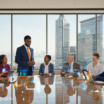 Manchester small business team using AI automation tools collaboratively in a modern office with the city skyline visible through large windows, illustrating practical AI integration for SMEs.