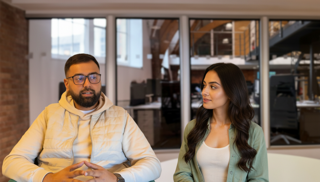 Two professionals, Omar and Sara, discussing AI-driven customer behavior prediction in a modern UK office setting, showing collaboration and focus.