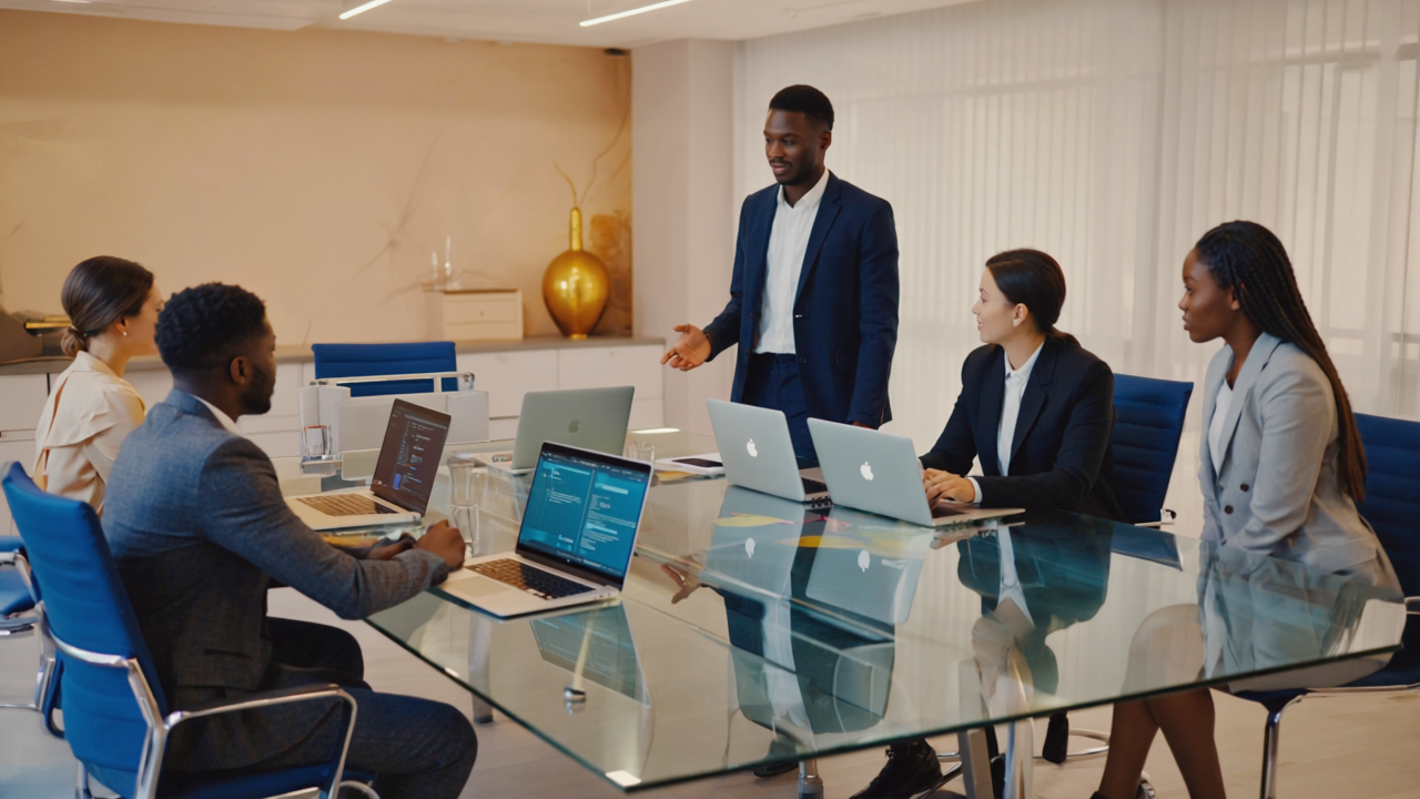 A group of UK web developers collaborating in an office, using laptops displaying AI-assisted coding and web design tools, highlighting teamwork and AI integration in development.