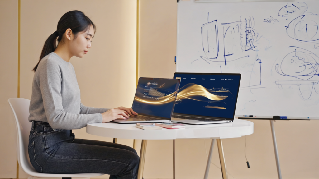 A modern web design studio in the UK with a female designer working on an AI-enhanced website on her laptop, surrounded by sketches and data visualizations illustrating AI's impact on web design.