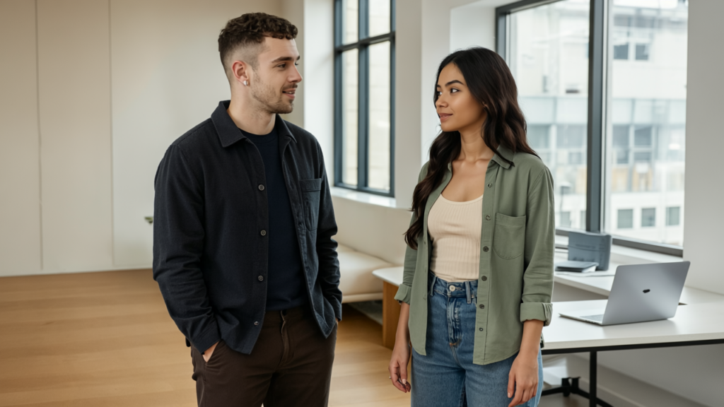 Two UK business professionals, Adam and Sara, engaged in a thoughtful conversation in a modern office, illustrating the transformative impact of AI driven analytics on business decisions.