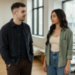 Two UK business professionals, Adam and Sara, engaged in a thoughtful conversation in a modern office, illustrating the transformative impact of AI driven analytics on business decisions.