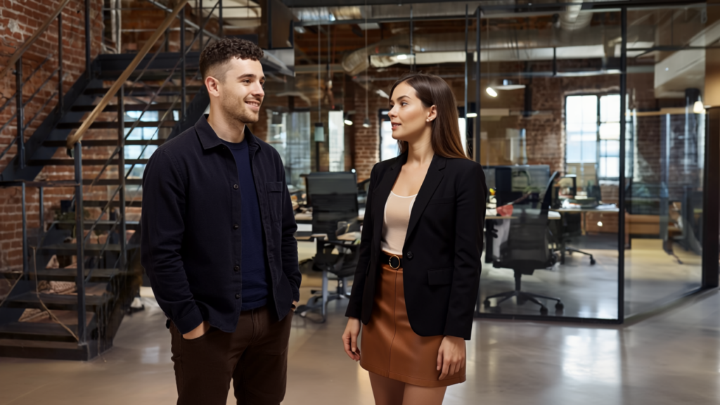 Two UK office professionals discussing AI-driven analytics in a modern business setting, conveying collaboration and smart decision-making.