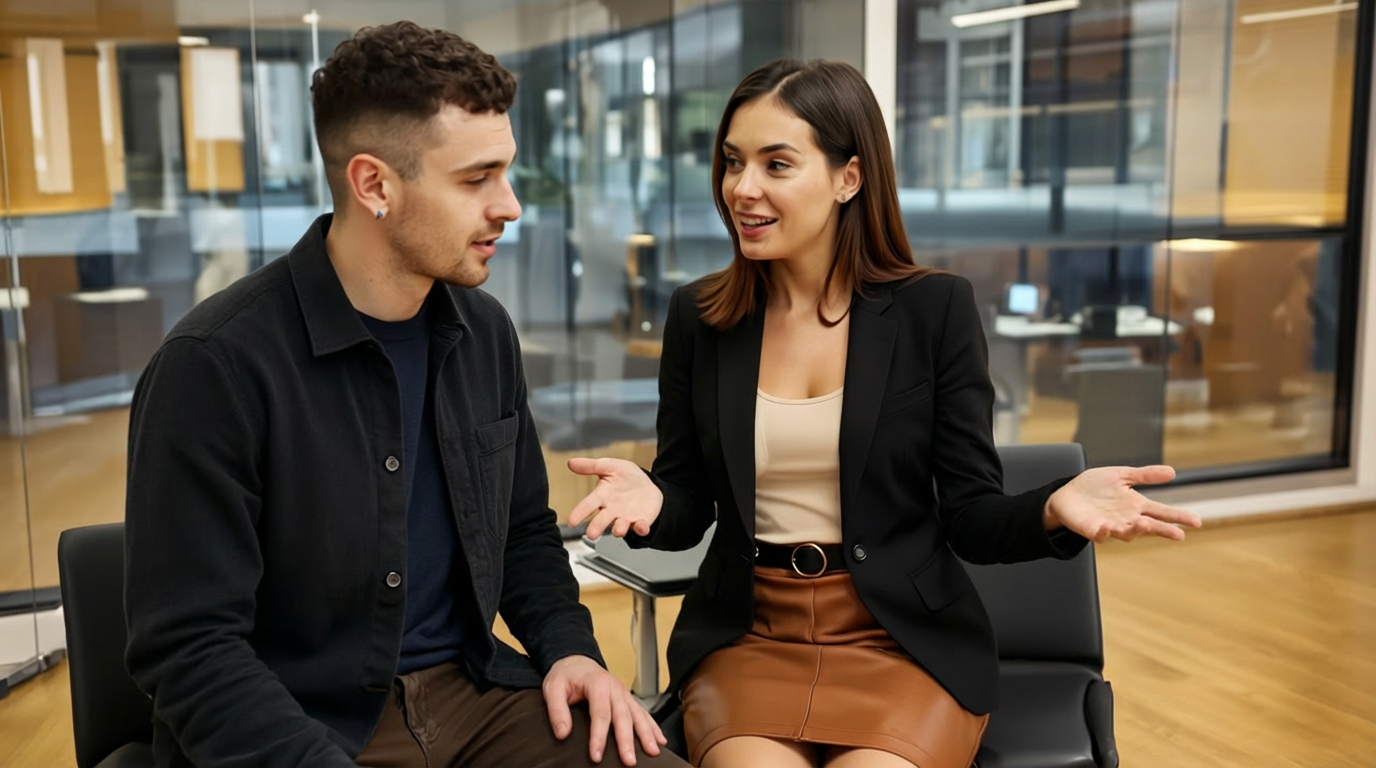 UK business professionals analysing AI driven data on digital screens in modern office