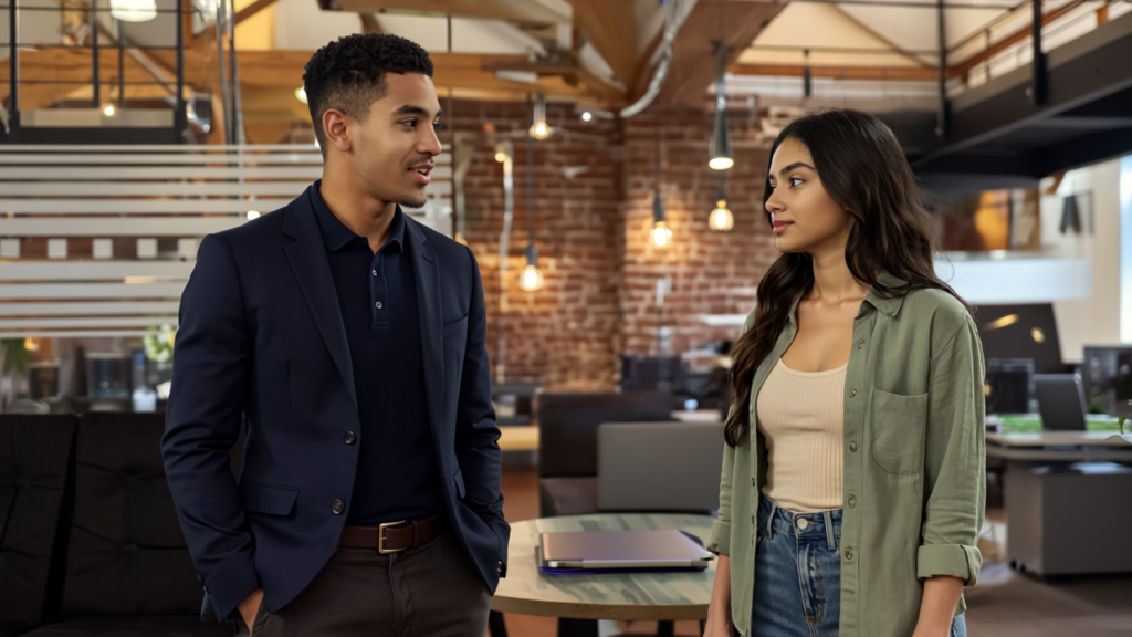 Zak and Sara engaged in a focused discussion about AI transforming SEO strategies in a UK office environment.