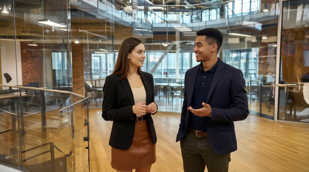 Jessica and Zak collaborating closely in a modern UK office, demonstrating teamwork and alignment through attentive facial expressions and body language.