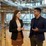 Jessica and Zak collaborating closely in a modern UK office, demonstrating teamwork and alignment through attentive facial expressions and body language.